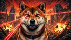 柴犬在被摧毀的城市中發射紅色雷射光束，伴隨著爆炸。