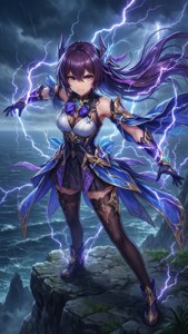 紫發動漫戰士在暴風雨的懸崖邊召喚閃電。 — iPhone 5 壁紙