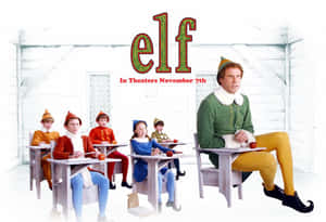 Buddy the Elf 在教室裡教導穿著精靈服裝的孩子們，為電影《精靈》而設。 — 插畫 iPhone 壁紙