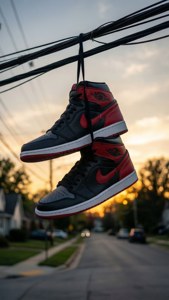 日落時分，黑色和紅色的Air Jordan運動鞋掛在電線上。 — 嘻哈 壁紙