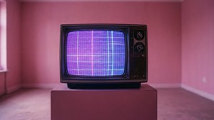 粉色房間中帶有紫色網格靜態的復古電視。 — 蒸氣波 壁紙