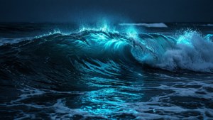 在黑暗的天空下，一道發光的藍色波浪破碎。 — 霓虹藍美學 壁紙