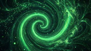 在黑暗虛空中發光的綠色宇宙漩渦，帶有閃爍的粒子。 — 綠色抽象 壁紙