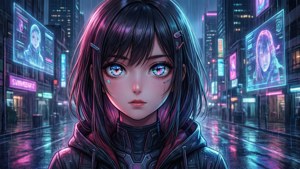 動漫女孩在賽博龐克雨濕的城市中，有霓虹燈和全息投影。 — 動漫女孩 壁紙