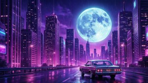 蒸氣波風格的都市景觀，搭配霓虹燈光與復古汽車。 — 蒸氣波 壁紙