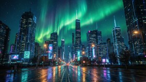 北極光照亮雨夜的城市景觀，發光的摩天大樓和濕漉漉的街道。 — 綠色天空 壁紙
