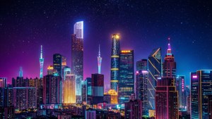夜晚的未來城市景觀，有發光的摩天大樓和星空。 — 霓虹美學 壁紙