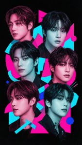 六位K-pop偶像在工作室肖像中，身後有霓虹幾何形狀。 — ENHYPEN 壁紙