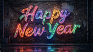 夜間，潮濕的磚牆上一個寫著 Happy New Year 的彩色霓虹燈牌。 — 新年 壁紙