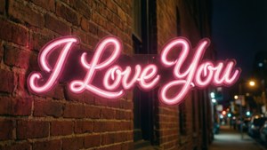 夜晚磚牆上寫著 I Love You 的粉紅色霓虹燈牌。 — 我愛你 壁紙