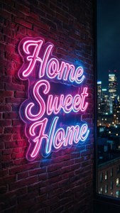 磚牆上寫著Home Sweet Home的霓虹燈牌，帶城市夜景 — iPhone 5 壁紙