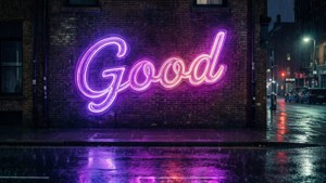 紫色霓虹燈牌，上面寫著 'Good'，在夜晚的雨中城市裡，位於濕漉漉的磚牆上。 — 優質 GIF 壁紙