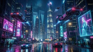 1440p 鮮豔的賽博龐克城市景觀桌布，充滿霓虹燈光與飛天汽車。