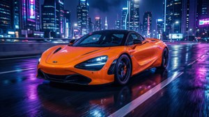 橙色跑車在夜晚穿過霓虹城市，濕漉漉的街道反射著燈光。 — 霓虹橘 壁紙