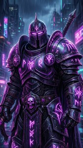 一款以賽博龐克為主題的死亡騎士，帶有霓虹色調。 — 死亡騎士 壁紙