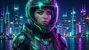 海拉在賽博龐克霓虹世界中的重新詮釋。