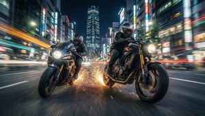 一場穿越夜城的激烈機車追逐，伴隨著霓虹光條與荒坂塔 — 電馭叛客2077 壁紙