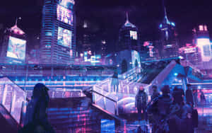 未來城市夜景，閃爍的霓虹招牌和雨濕街道上的人們。 — 日本 壁紙