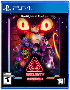 Five Nights at Freddy's Security Breach 遊戲封面，帶有發光的霓虹角色和一個害怕的女孩。 — 佛萊迪的五夜驚魂 安全漏洞 壁紙