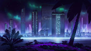極光下，未來城市天際線夜景，帶有霓虹燈和棕櫚樹。 — 霓虹紫 壁紙