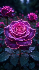 在黑暗花園中，帶有發光邊緣和露珠的霓虹粉紅玫瑰。 — 霓虹美學 壁紙