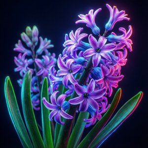 數位藝術作品，風信子花朵帶有霓虹光芒，呈現賽博龐克美學。 — 風信子 壁紙