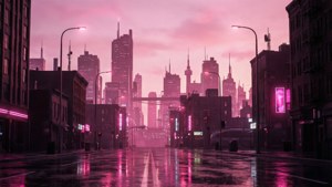 粉紅色霓虹燈光在暮色天空下映照在潮濕的城市街道上。 — 黃昏 壁紙