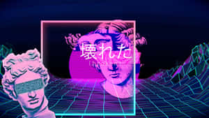 霓虹賽博龐克網格中的古典雕像與破碎日文字體 — 三星平板桌布 壁紙
