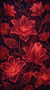 深色背景上霓虹紅色發光花朵的數位藝術圖案。 — 霓虹紅 壁紙
