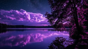紫色的夜空和雲朵倒映在樹旁的平靜湖面上。
