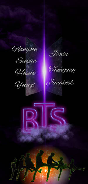 BTS標誌，包含成員名字和剪影在星空下跳舞。