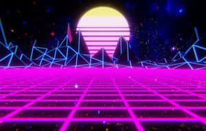 星空夜空中，幾何山脈與發光太陽下的霓虹網格地板。 — 螢光綠 壁紙