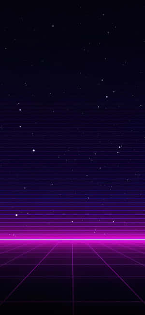 星空夜空下的霓虹網格地板，帶有發光的紫色線條。 — iPhone 16 Pro Max 壁紙