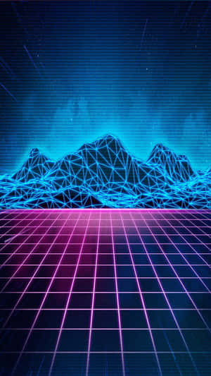 霓虹網格地板與發光藍色山脈，在星空夜空下。 — 蒸氣波 壁紙
