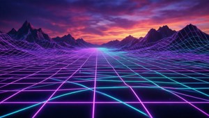 復古未來主義風格的日落山脈與霓虹網格景觀 — 霓虹美學 壁紙