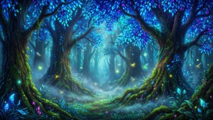 神秘的森林，發光的藍色和紫色葉子，霧氣中的螢火蟲。 — 霓虹藍動畫 壁紙