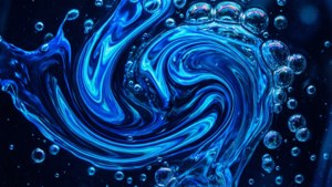 在深色背景上，帶有氣泡的藍色液體的動態漩渦。 — 霓虹藍動畫 壁紙