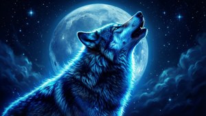 一頭發光的藍色狼在繁星點點的夜空下，於滿月之下嚎叫。 — 霓虹藍動畫 壁紙