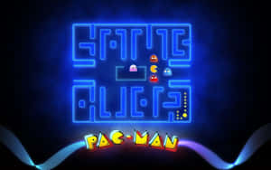 經典 Pac-Man 遊戲迷宮，角色和標題以發光霓虹風格呈現。 — 電玩遊戲 GIF 壁紙