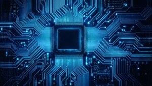 特寫一塊發光的藍色電路板，帶有中央微晶片。 — 霓虹藍動畫 壁紙