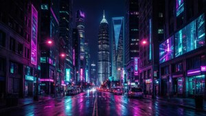 未來城市夜晚，霓虹燈光在潮濕的路面上反射。 — OLED 壁紙