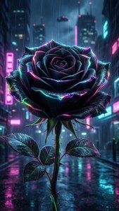 霓虹玫瑰在雨夜未來城市中發光 — 黑玫瑰 壁紙