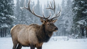 麋鹿帶有霜凍鹿角站在雪地森林中