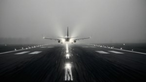 神秘的霧中跑道，飛機降落燈光穿透薄霧 — 伸展台 壁紙