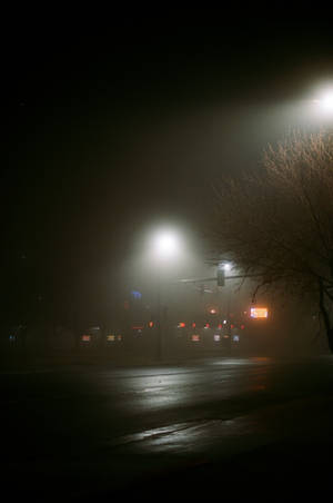 夜晚霧氣瀰漫的城市街道，有發光的街燈和光禿的樹枝。 — 夜晚 壁紙