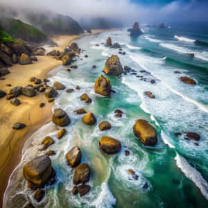 海浪拍打沙灘和巨石的 coastline — 抽象 壁紙