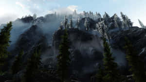 淡藍色天空下，被薄霧籠罩的常青樹覆蓋著白雪的山脈。 — 2560x1440 動態圖片 壁紙