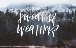 白雪覆蓋的松樹林、霧氣繚繞的山巒，以及sweater weather文字疊加。 — 冬季房屋 壁紙