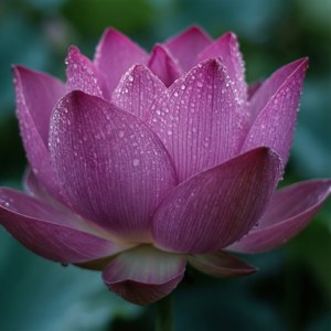 花園中一朵粉紅色蓮花，花瓣上有水滴。 — 蓮花 GIF 壁紙