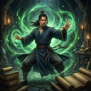 武術家在燭光照亮的書房中與卷軸一起引導綠色魔法。 — 真人快打 壁紙